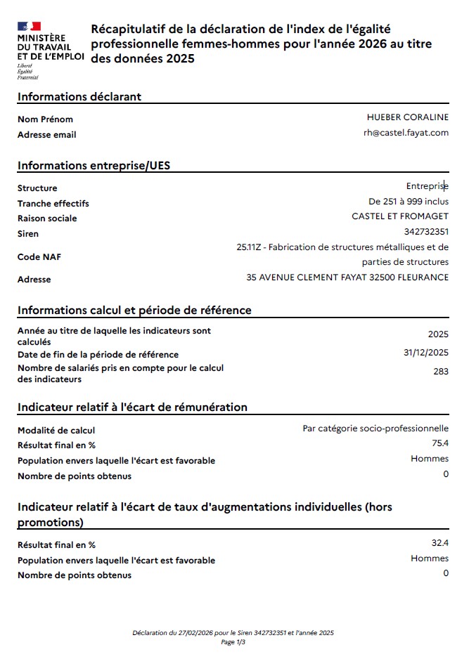 Déclaration de l'index de l'égalité professionnelle 2025
