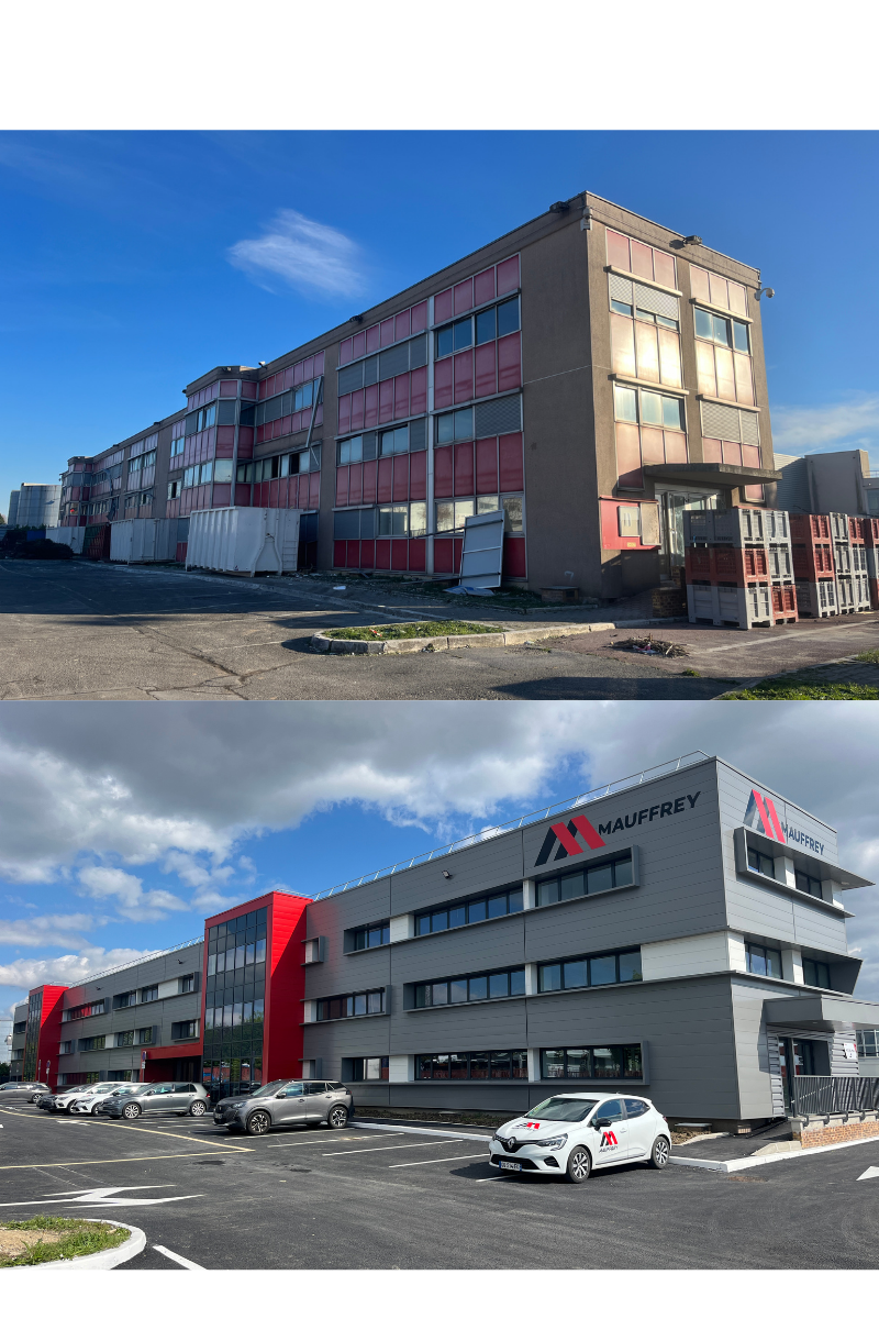 Réhabilitation bâtiment de bureaux sur site industriel Mauffrey à Goussainville, Val-d'Oise (95), Ille-de-France - conception et réalisation Espace Engineering Fayat, contractant général et maître d'oeuvre