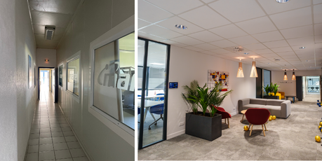 Réhabilitation partie bureaux bâtiment industriel JBT Marel à Baud, Morbihan (56), Bretagne- conception et réalisation Espace Engineering Fayat, contractant général et maître d'oeuvre
